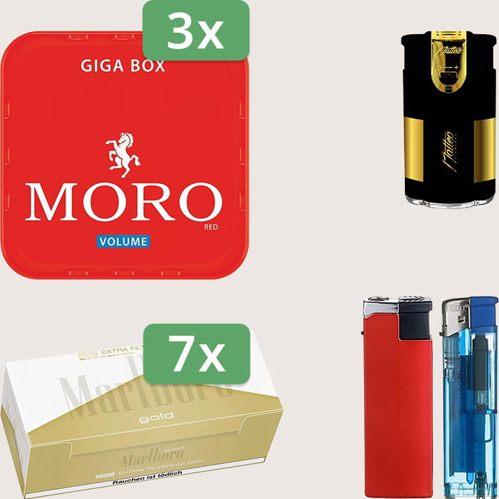 Moro Red 3 x 245 g Sparpaket mit 1.750 Marlboro Gold Extra Hülsen und Feuerzeugset