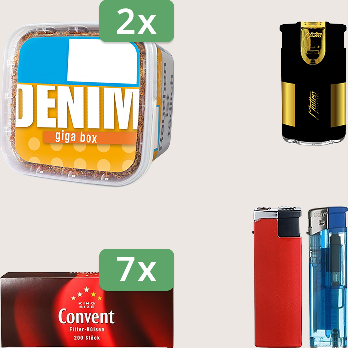 Denim Classic 2 x 330 g Sparpaket mit 1.400 Convent Hülsen und Feuerzeugset