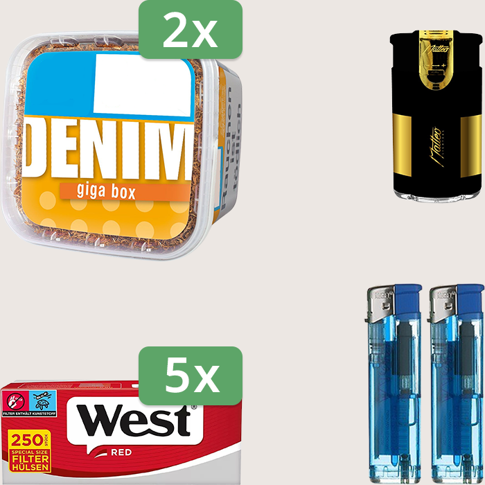 Denim Classic 2 x 315 g Sparpaket mit 1.250 West Red Special Hülsen und Feuerzeugset