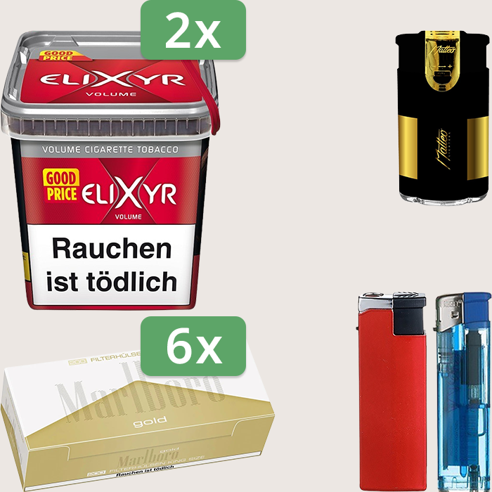 Elixyr Red 2 x 245 g Sparpaket mit 1.200 Marlboro Gold Hülsen und Feuerzeugset