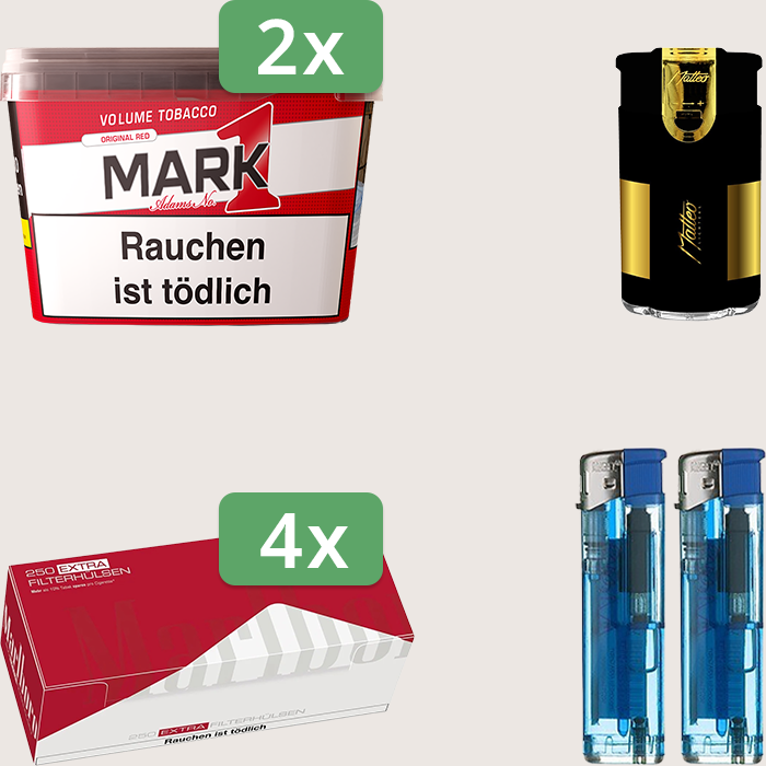 Mark 1 Original Red 2 x 255 g Sparpaket mit 1.000 Marlboro Red Extra Hülsen und Feuerzeugset