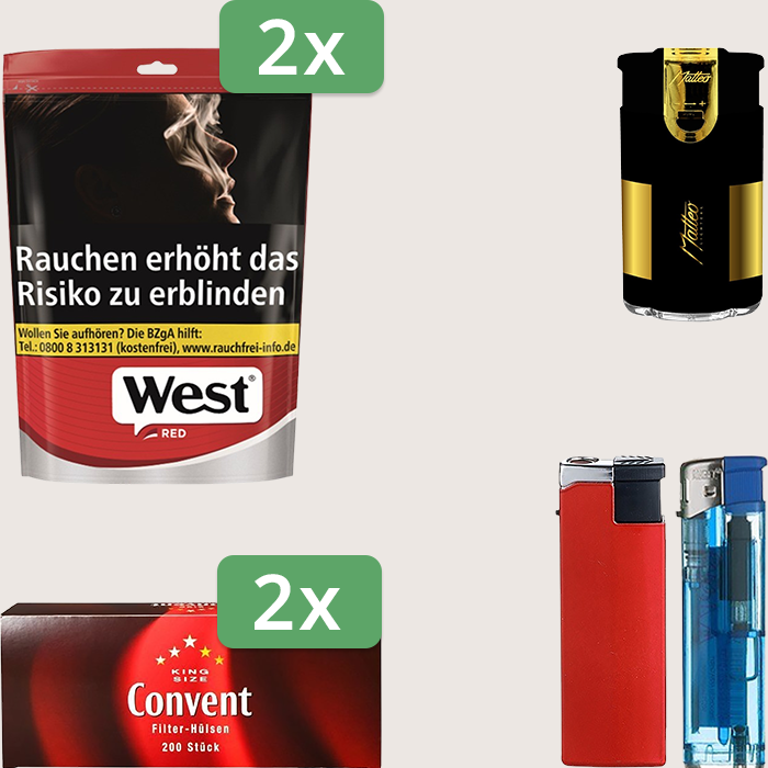 West Red 2 x 85 g Sparpaket mit 400 Convent Hülsen und Feuerzeugset