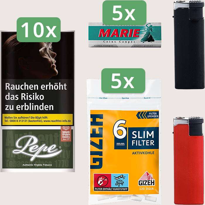 Pepe Dark Green 10 x 30 g Sparpaket mit 500 Marie Blättchen und 600 Gizeh Slim Filter Aktivkohle 6 mm