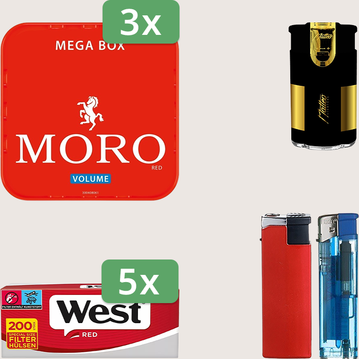 Moro Red 3 x 155 g g Sparpaket mit 1.000 West Red Hülsen und Feuerzeugset