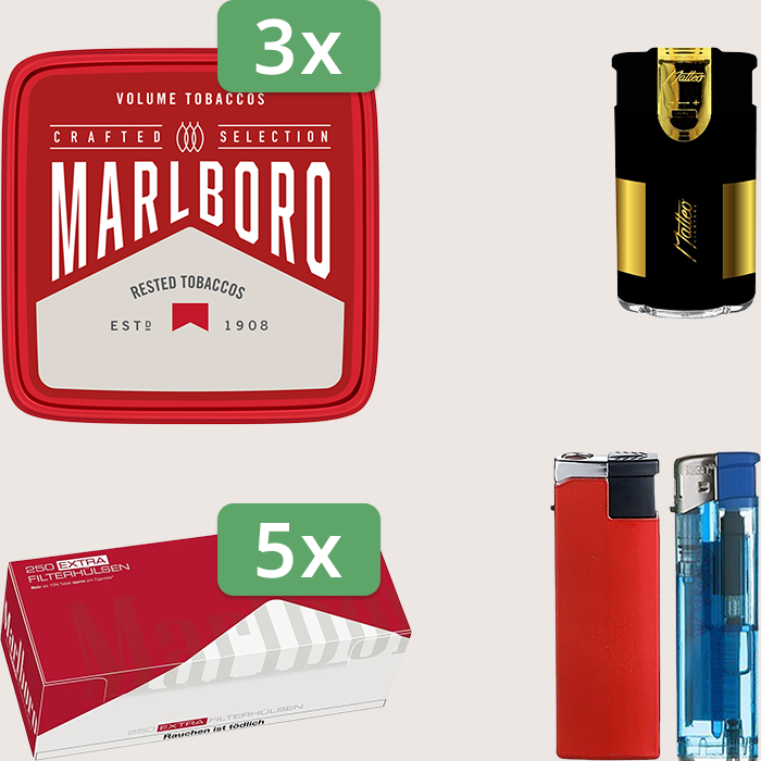 Marlboro Crafted 3 x 230 g Sparpaket mit 1.250 Marlboro Red Extra Hülsen und Feuerzeugset
