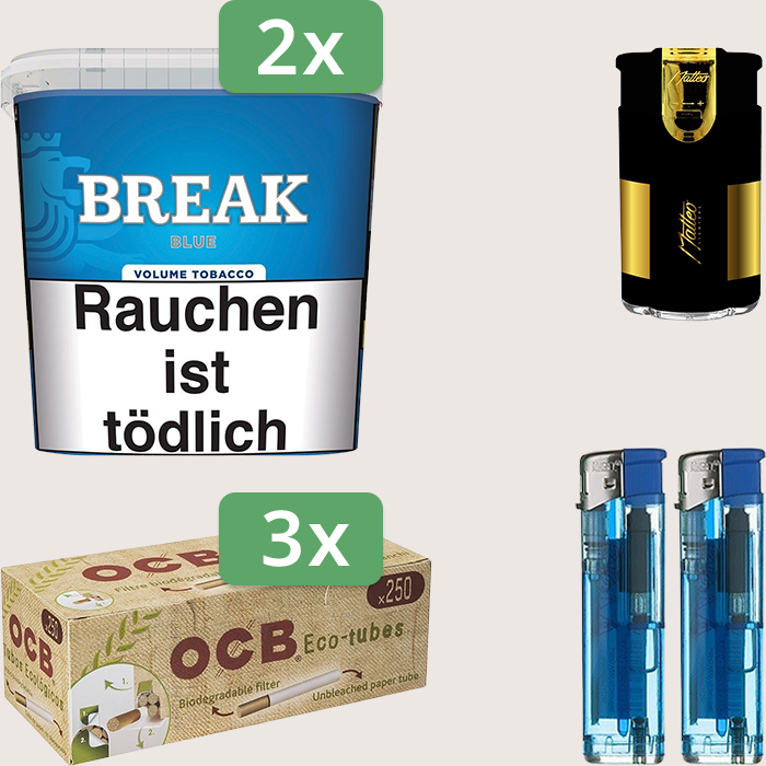 Break Blue 2 x 185 g Sparpaket mit 750 OCB Organic Hülsen und Feuerzeugset