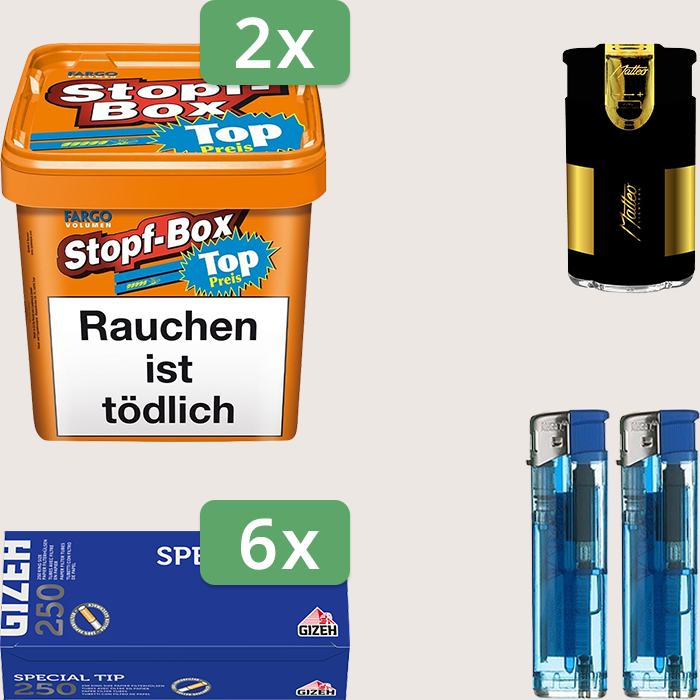 Fargo Stopfbox 2 x 400 g Sparpaket mit 1.500 Gizeh Special Tip Hülsen und Feuerzeugset