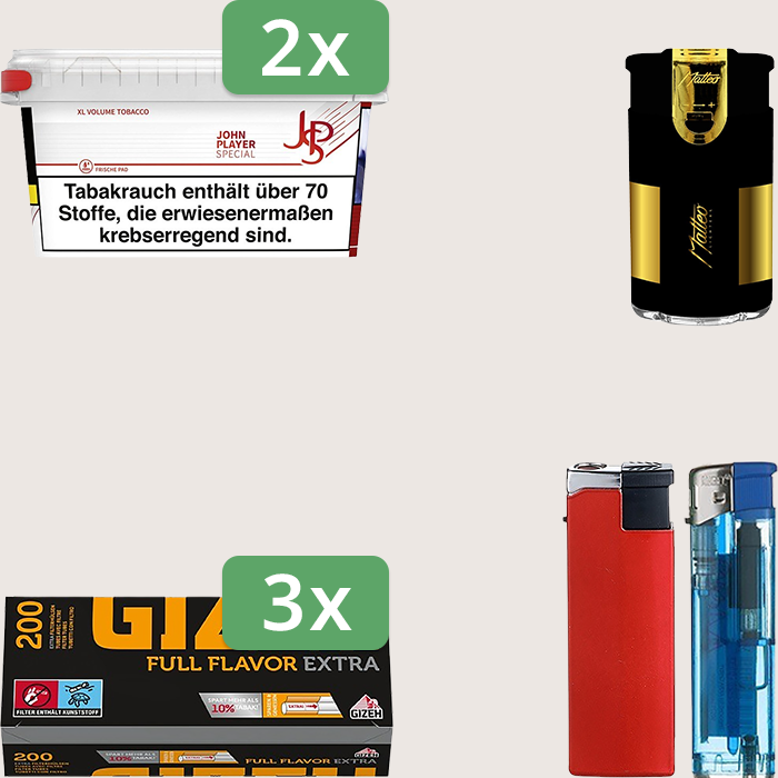 JPS Red 2 x 105 g Sparpaket mit 600 Gizeh Full Flavor Extra Hülsen und Feuerzeugset