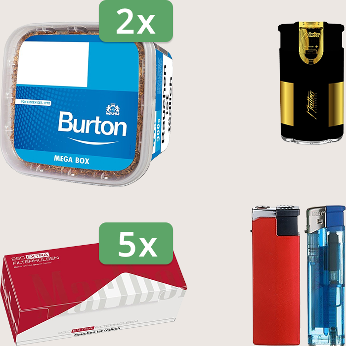 Burton Blue 2 x 270 g Sparpaket mit 1.250 Marlboro Red Extra Hülsen und Feuerzeugset