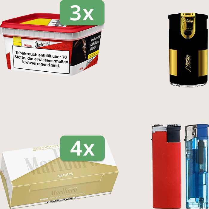Chesterfield Original Red 3 x 144 g mit 1.000 Marlboro Gold Extra Hülsen und Feuerzeugset