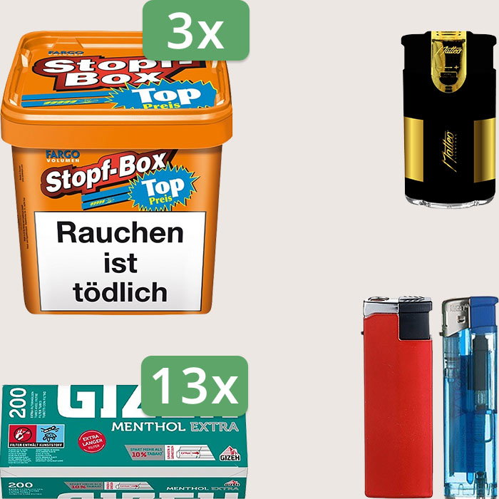 Fargo Stopfbox 3 x 400 g Sparpaket mit 2.600 Gizeh Menthol Extra Hülsen und Feuerzeugset
