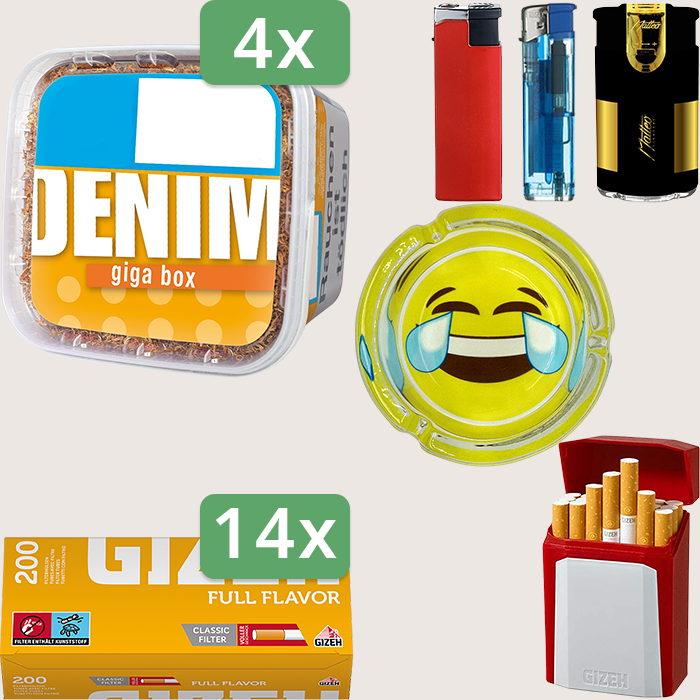 Denim Classic 4 x 315 g Sparpaket mit 2.800 Gizeh Full Flavor Hülsen, Aschenbecher und Gizeh Flip Case