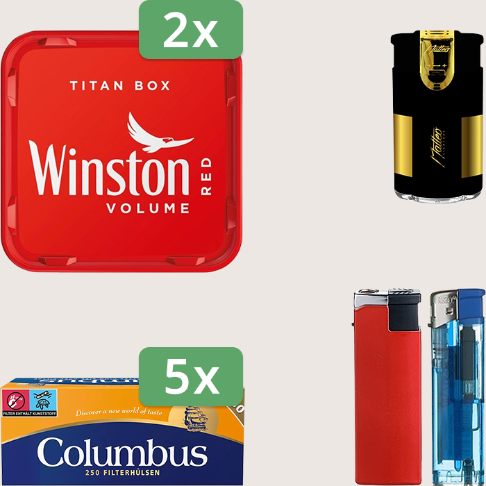 Winston Red 2 x 250 g Sparpaket mit 1.250 Columbus Hülsen und Feuerzeugset