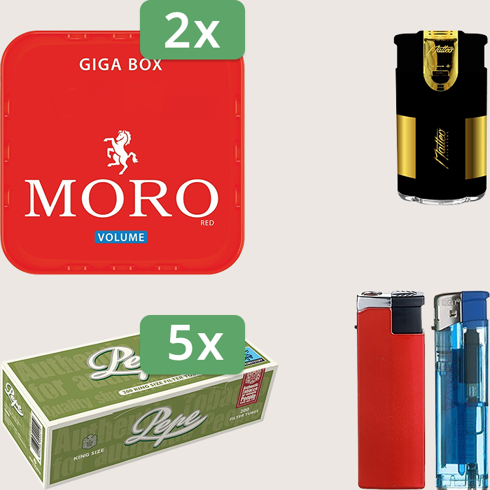 Moro Red 2 x 245 g Sparpaket mit 1.000 Pepe Hülsen und Feuerzeugset