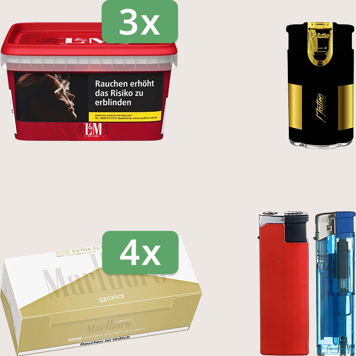 L&M Red 3 x 129 g Sparpaket mit 1.000 Marlboro Gold Extra Hülsen und Feuerzeugset
