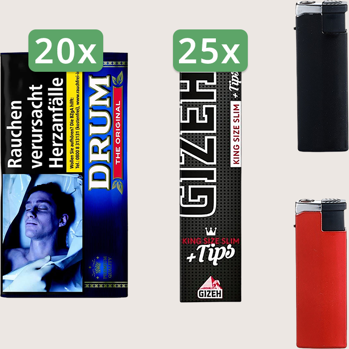 Drum Original 20 x 30 g Sparpaket mit 850 Gizeh Black King Size Slim + Tips Blättchen