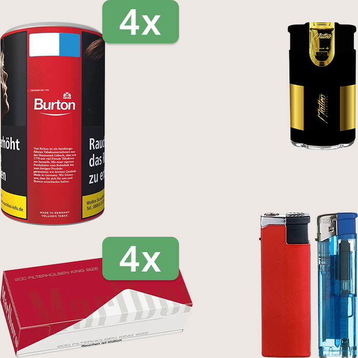 Burton Full Red 4 x 90 g Sparpaket mit 800 Marlboro Red Hülsen und Feuerzeugset