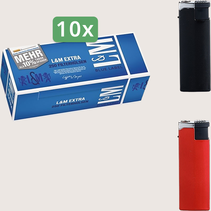 L&M Extra Blue Label Sparpaket mit 2.500 Hülsen und Feuerzeugset