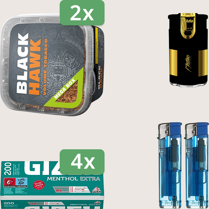 Black Hawk 2 x 230 g Sparpaket mit 800 Gizeh Menthol Extra Hülsen und Feuerzeugset