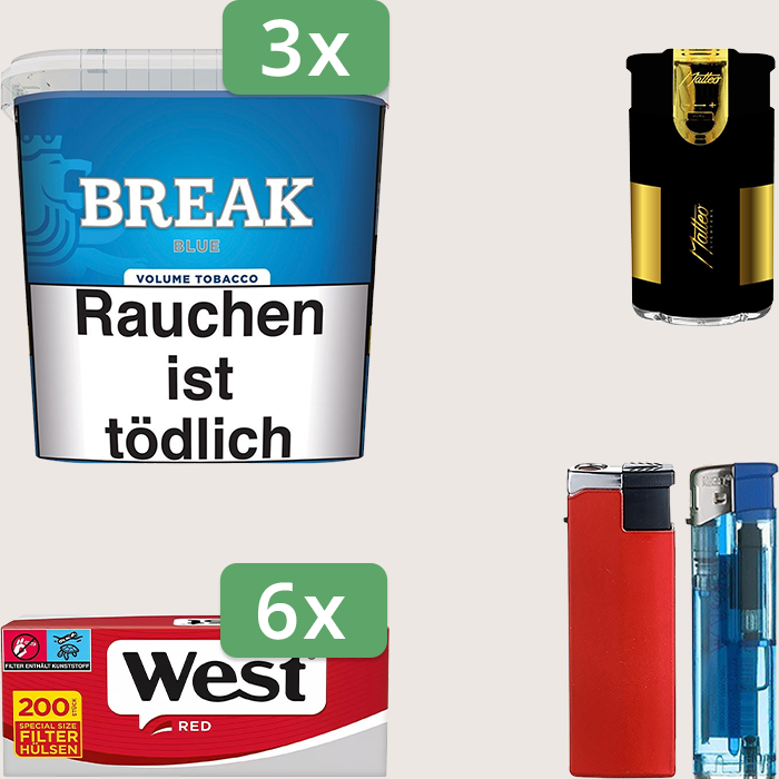 Break Blue 3 x 185 g Sparpaket mit 1.200 West Red King Size Hülsen und Feuerzeugset