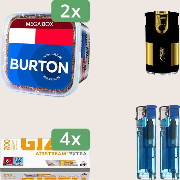 Burton Blue 2 x 250 g Sparpaket mit 800 Gizeh Airstream Extra Hülsen und Feuerzeugset Burton Blue 2 x 250 g Sparpaket mit 800 Gizeh Airstream Extra Hülsen und Feuerzeugset