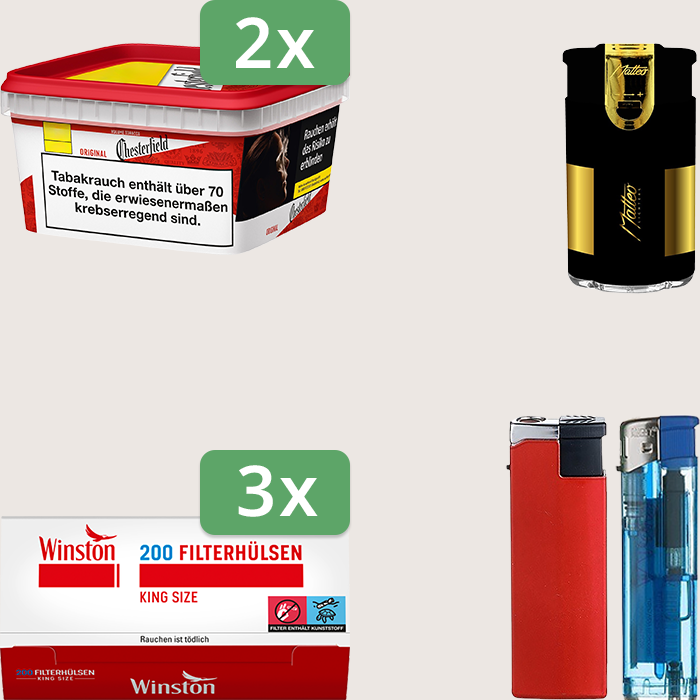 Chesterfield Original Red 2 x 135 g Sparpaket mit 600 Winston Hülsen und Feuerzeugset
