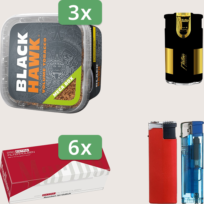 Black Hawk 3 x 230 g mit 1.500 Marlboro Red Extra Size Hülsen und Feuerzeugset