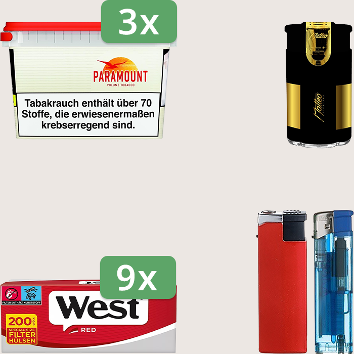 Paramount 3 x 230 g Sparpaket mit 1.800 West Red Hülsen und Feuerzeugset