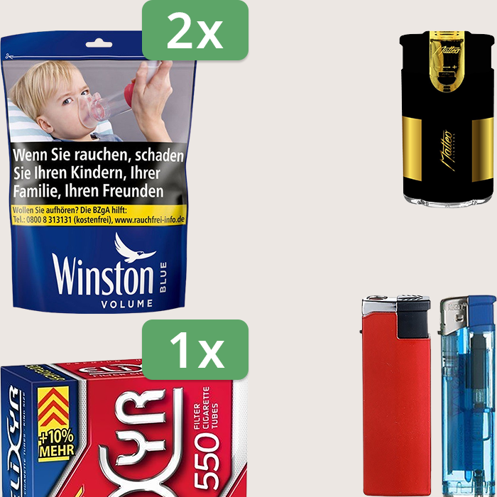 Winston Blue 2 x 100 g Sparpaket mit 550 Elixyr Hülsen und Feuerzeugset Winston Blue 2 x 100 g Sparpaket mit 550 Elixyr Hülsen und Feuerzeugset