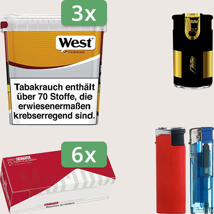 West Yellow 3 x 235 g Sparpaket mit 1.500 Marlboro Red Extra Hülsen und Feuerzeugset