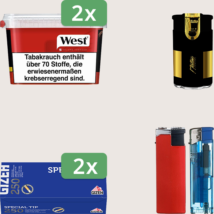 West Red 2 x 115 g Sparpaket mit 500 Gizeh Special Tip Hülsen und Feuerzeugset