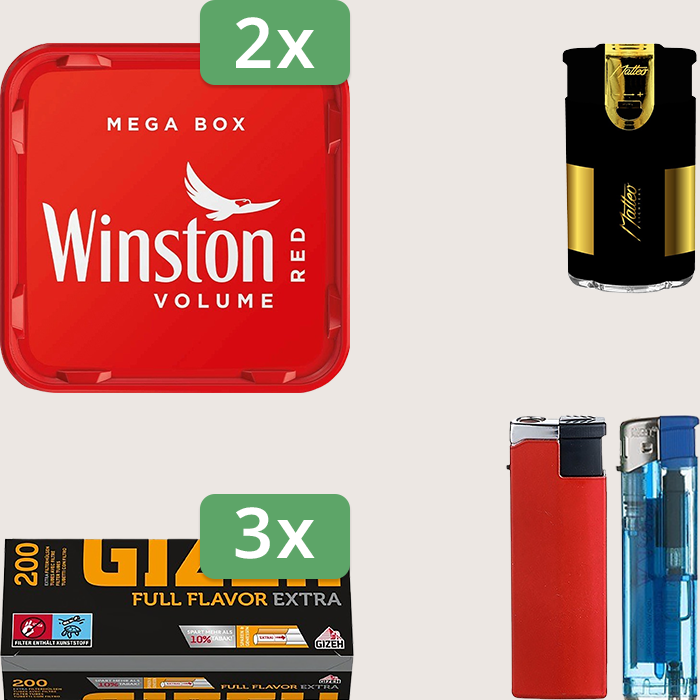 Winston Red 2 x 135 g Sparpaket mit 600 Gizeh Full Flavor Extra Hülsen und Feuerzeugset