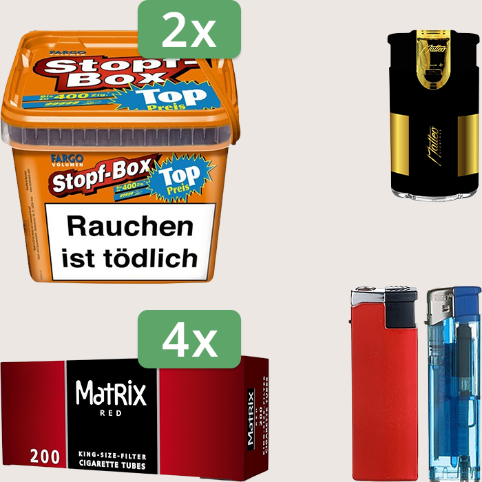 Fargo Stopfbox 2 x 155 g Sparpaket mit 800 Matrix Red Hülsen und Feuerzeugset