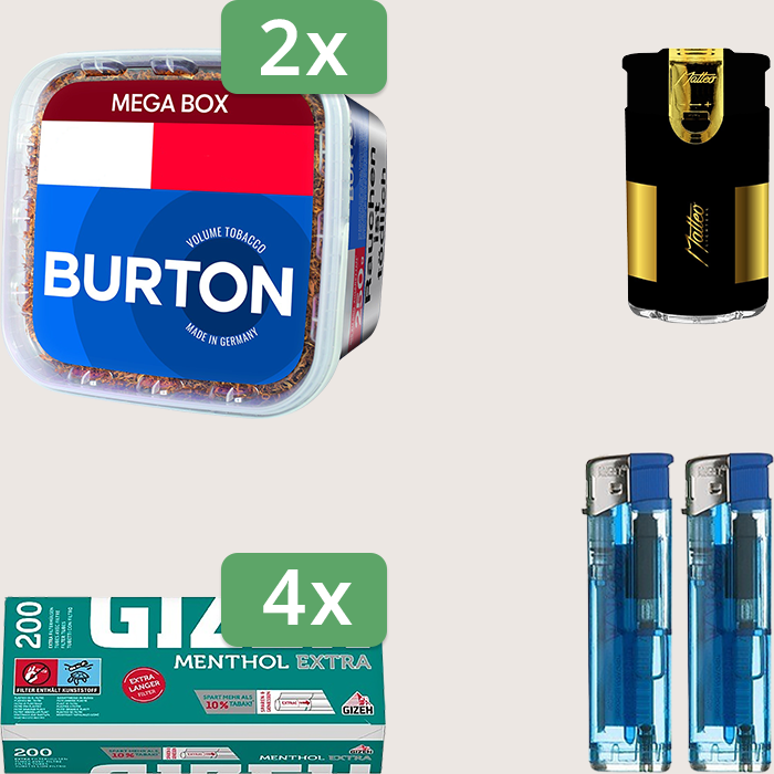 Burton Blue 2 x 250 g Sparpaket mit 800 Gizeh Menthol Extra Hülsen und Feuerzeugset