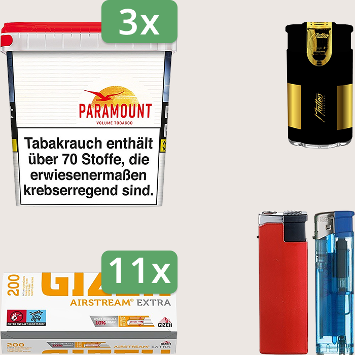 Paramount 3 x 315 g Sparpaket mit 2.200 Gizeh Airstream Extra Hülsen und Feuerzeugset