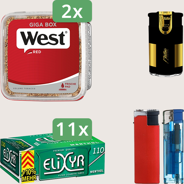 West Red 2 x 280 g Sparpaket mit 1.210 Elixyr Energy+ Menthol Hülsen und Feuerzeugset