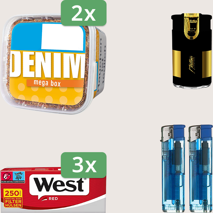 Denim Classic 2 x 210 g Sparpaket mit 750 West Red Special Hülsen und Feuerzeugset