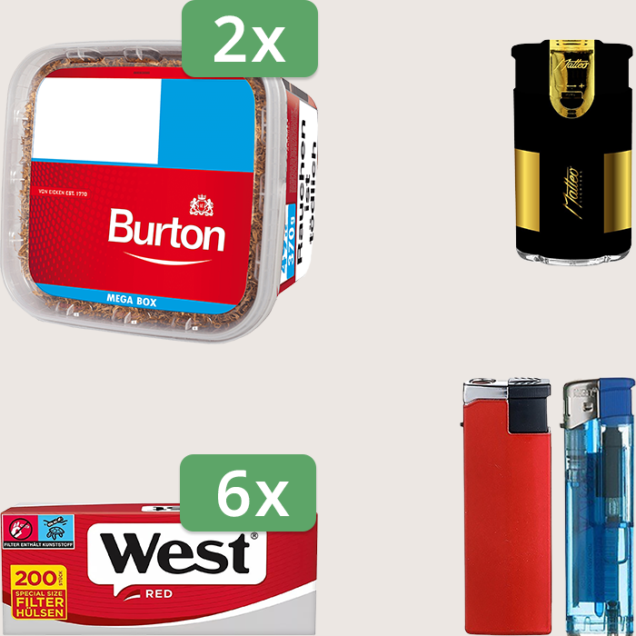 Burton Full Red 2 x 270 g Sparpaket mit 1.200 West Red Hülsen und Feuerzeugset