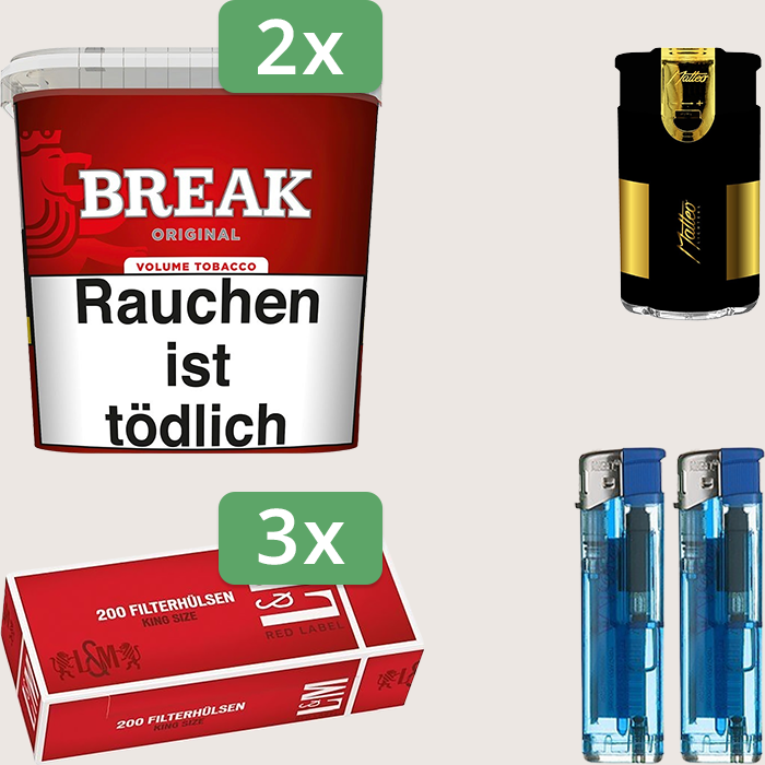 Break Original 2 x 185 g Sparpaket mit 600 L&M Red Label Hülsen und Feuerzeugset