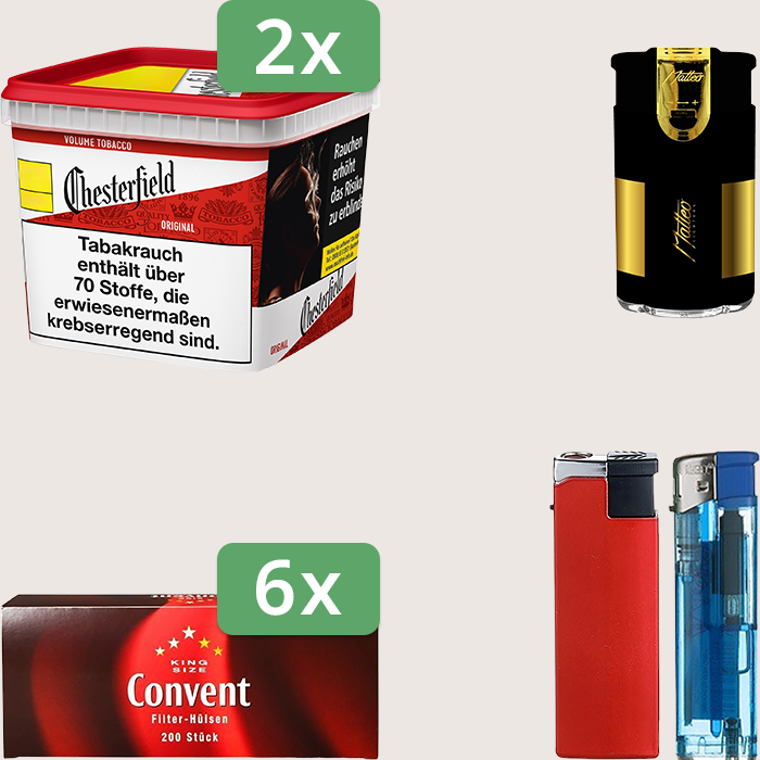 Chesterfield Original Red 2 x 245 g Sparpaket mit 1.200 Convent Hülsen und Feuerzeugset