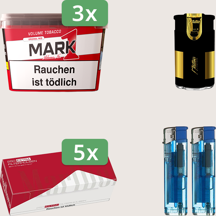 Mark 1 Original Red 3 x 255 g Sparpaket mit 1.250 Marlboro Red Extra Hülsen und Feuerzeugset