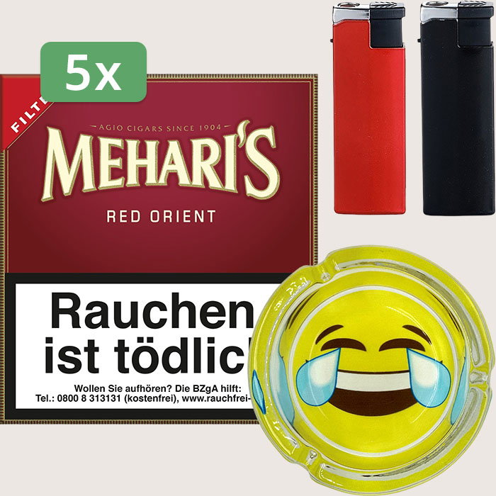 Agio Meharis Red Orient Filter 5 x 6,49 € Sparpaket mit 100 Zigarillos, Aschenbecher und Feuerzeugset
