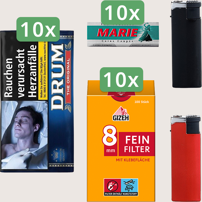 Drum Original 10 x 50 g Sparpaket mit 1.000 Marie Blättchen und 1.000 Gizeh Feinfilter 8 mm