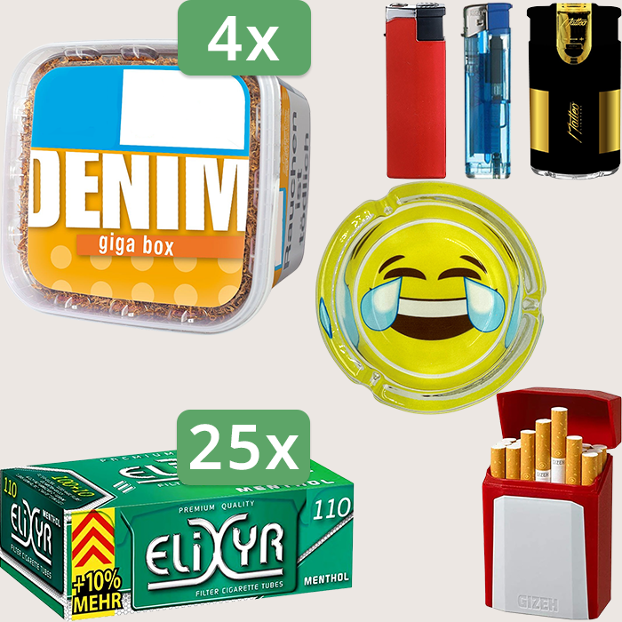 Denim Classic 4 x 315 g Sparpaket mit 2.750 Elixyr Energy+ Menthol Hülsen, Aschenbecher und Gizeh Flip Case