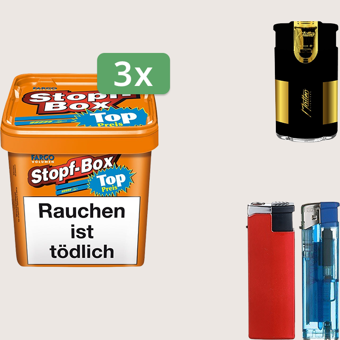 Fargo Stopfbox 3 x 400 g Sparpaket mit Feuerzeugset