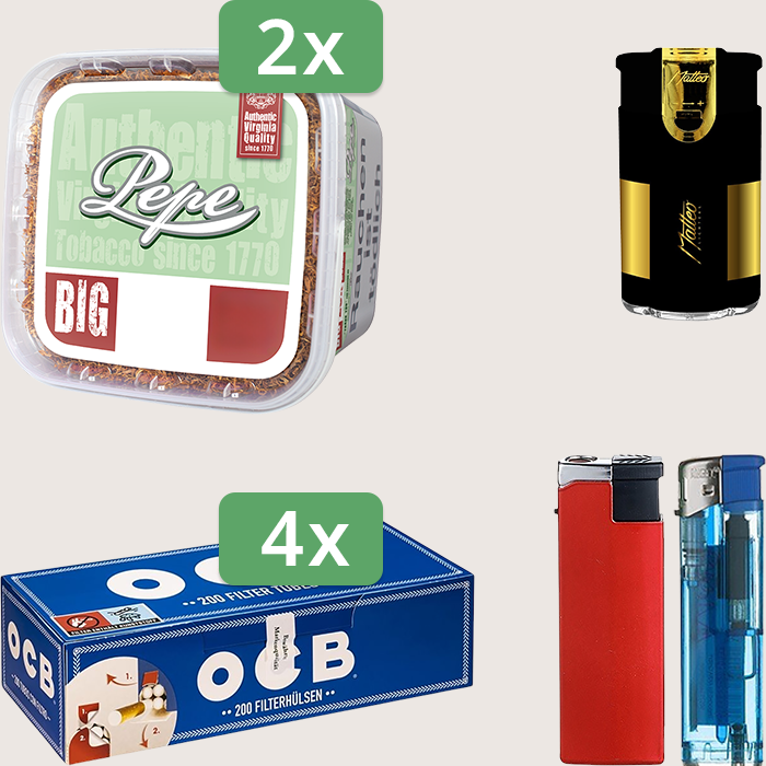 Pepe Bright Green 2 x 170 g Sparpaket mit 800 OCB Hülsen und Feuerzeugset