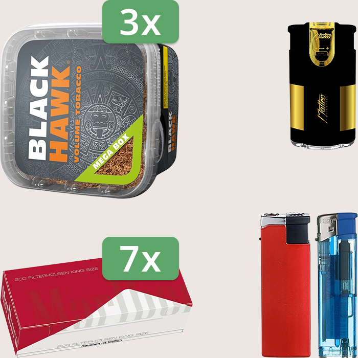 Black Hawk 3 x 230 g mit 1.400 Marlboro Red King Size Hülsen und Feuerzeugset