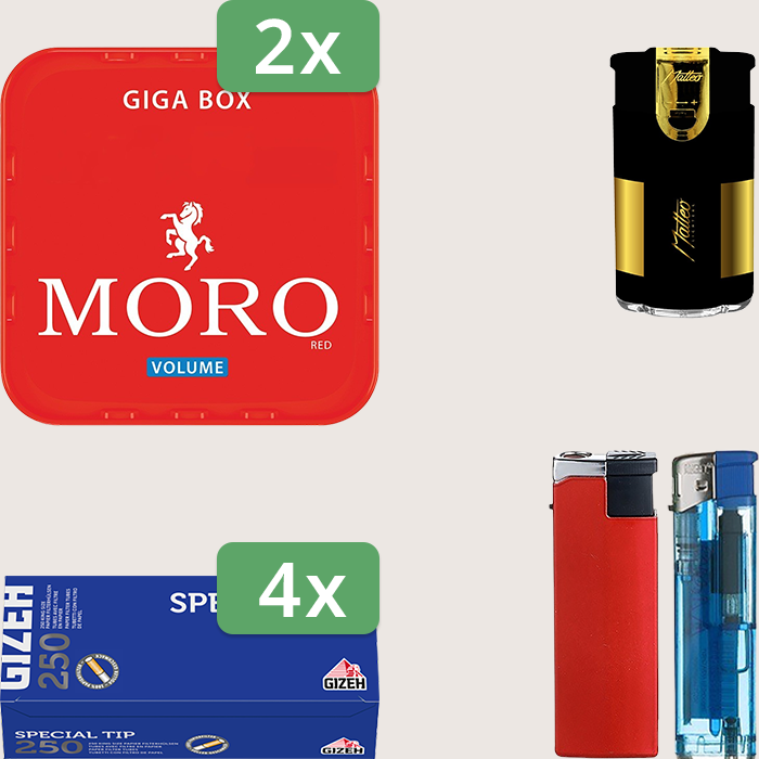 Moro Red 2 x 245 g Sparpaket mit 1.000 Gizeh Special Tip Hülsen und Feuerzeugset Moro Red 2 x 245 g Sparpaket mit 1.000 Gizeh Special Tip Hülsen und Feuerzeugset