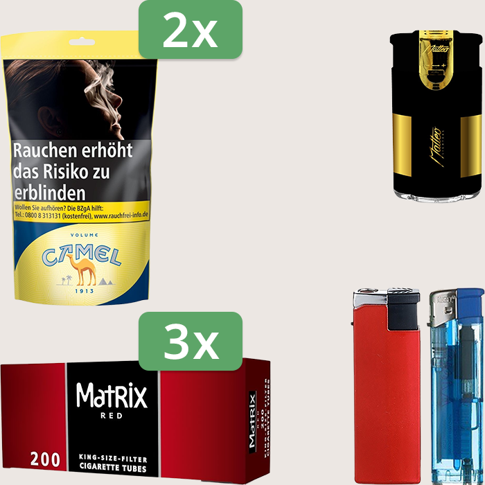 Camel Yellow 2 x 102 g Sparpaket mit 600 Matrix Red Hülsen und Feuerzeugset