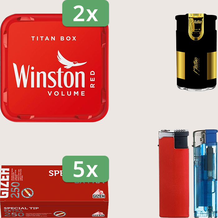 Winston Red 2 x 270 g Sparpaket mit 1.250 Gizeh Special Tip Extra Hülsen und Feuerzeugset